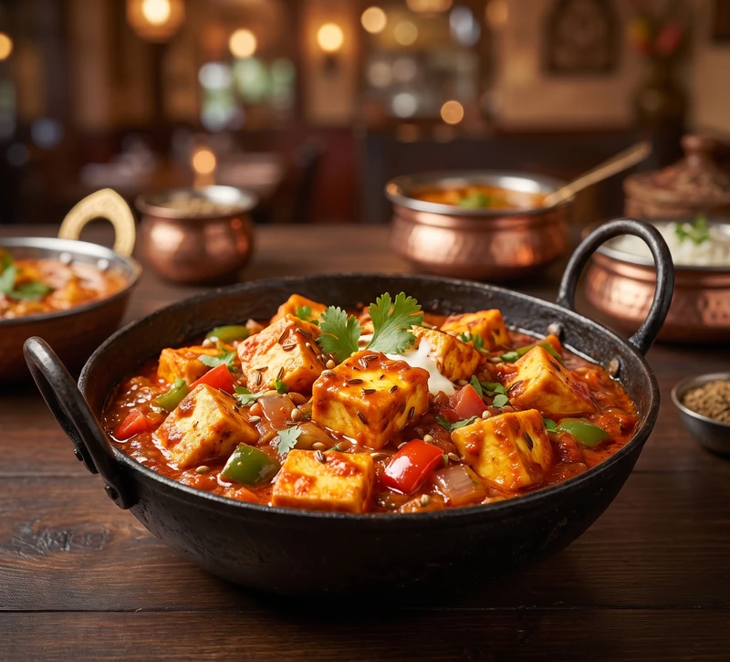Kadhai paneer with bell peppers and onions served with fresh naan in Winnipeg